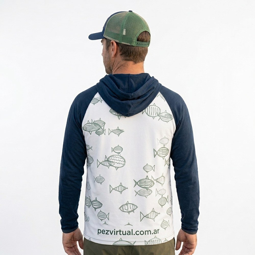 Remera de Pesca Pez Virtual Manga Larga con Capucha – Azul marino espalda