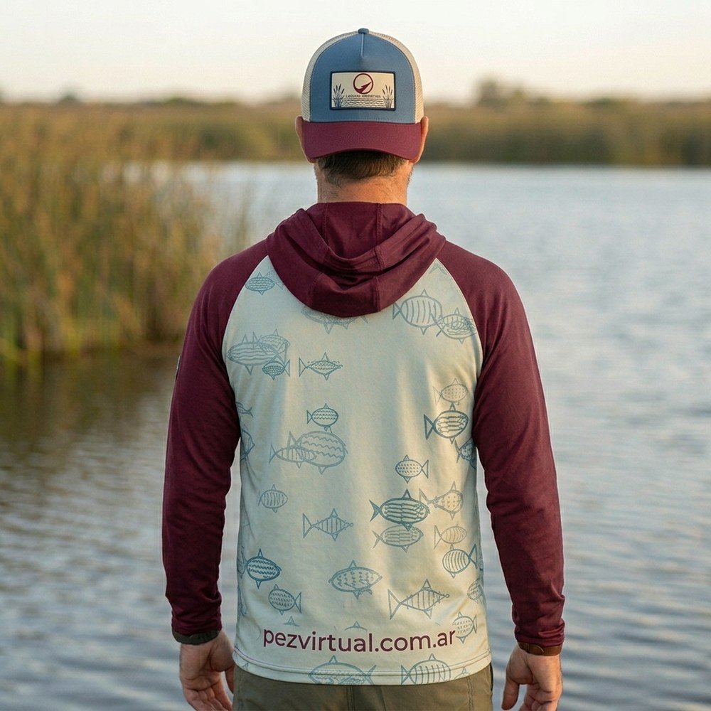Remera de Pesca Pez Virtual Manga Larga con Capucha – Bordó espalda