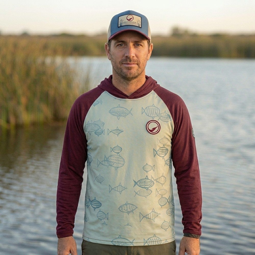 Remera de Pesca Pez Virtual Manga Larga con Capucha – Bordó frente