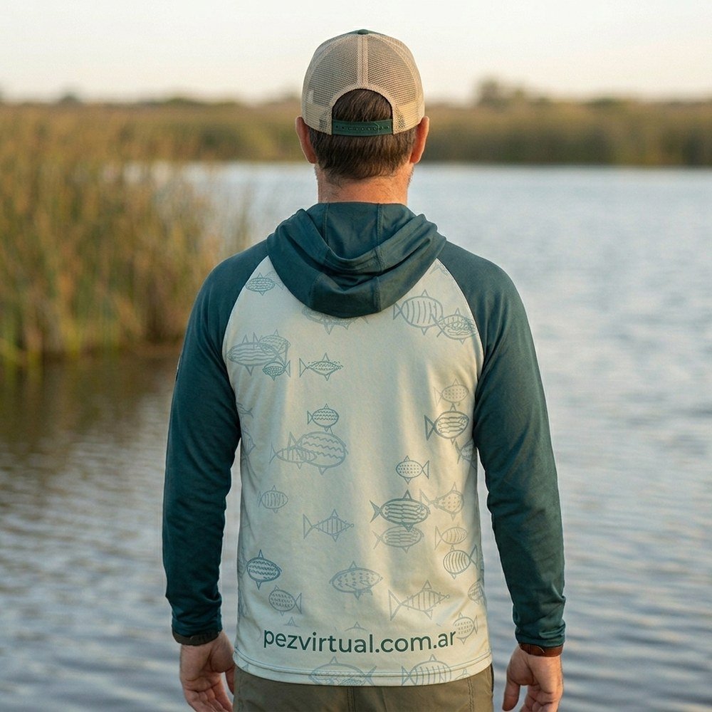Remera de Pesca Pez Virtual Manga Larga con Capucha – Verde espalda