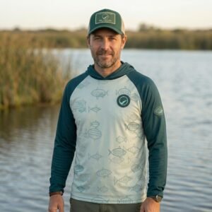Remera de pesca manga larga Pez Virtual verde frente